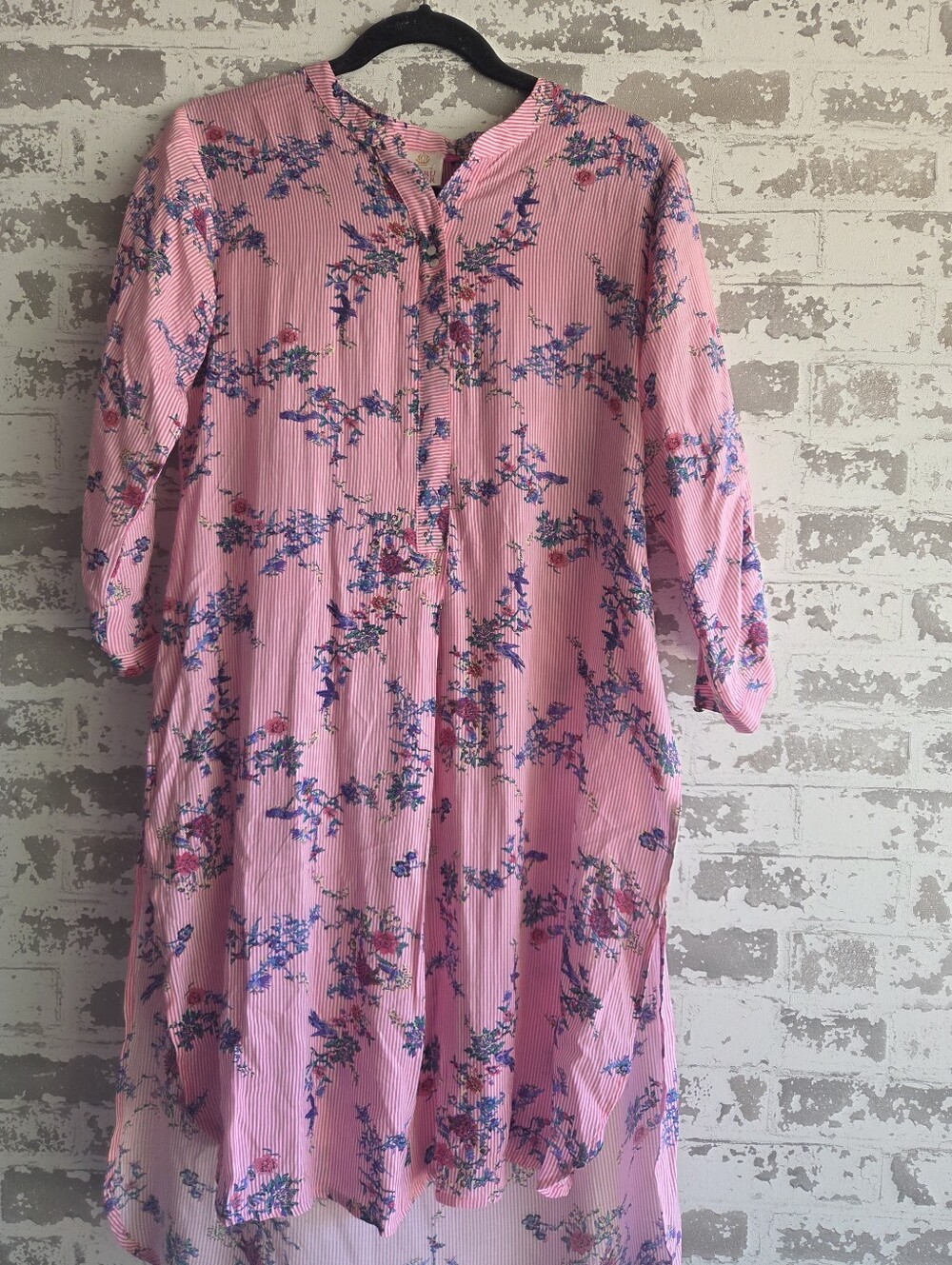 Signature Neeru Kumar Pink Striped Floral Bird Tunic Shirt Dress Size L India